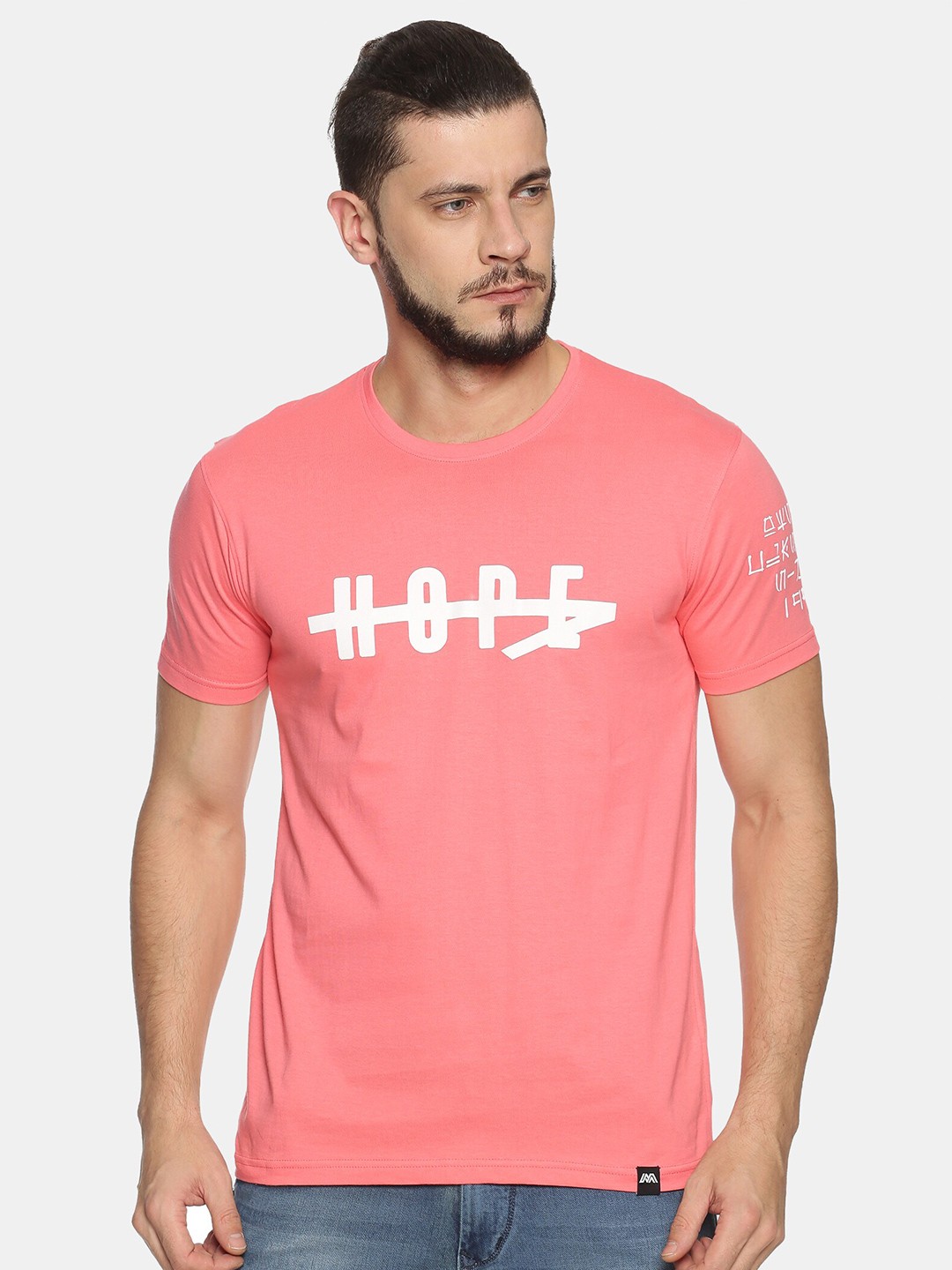 

MASH UNLIMITED Men Pink Typography Printed Slim Fit T-shirt