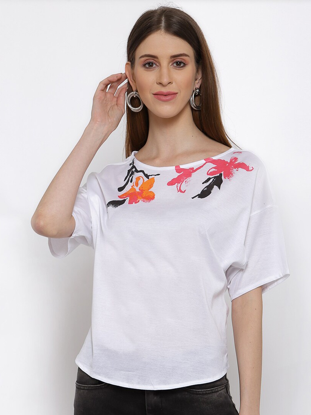 

SCOUP Women White Floral Printed Loose Pure Cotton T-shirt