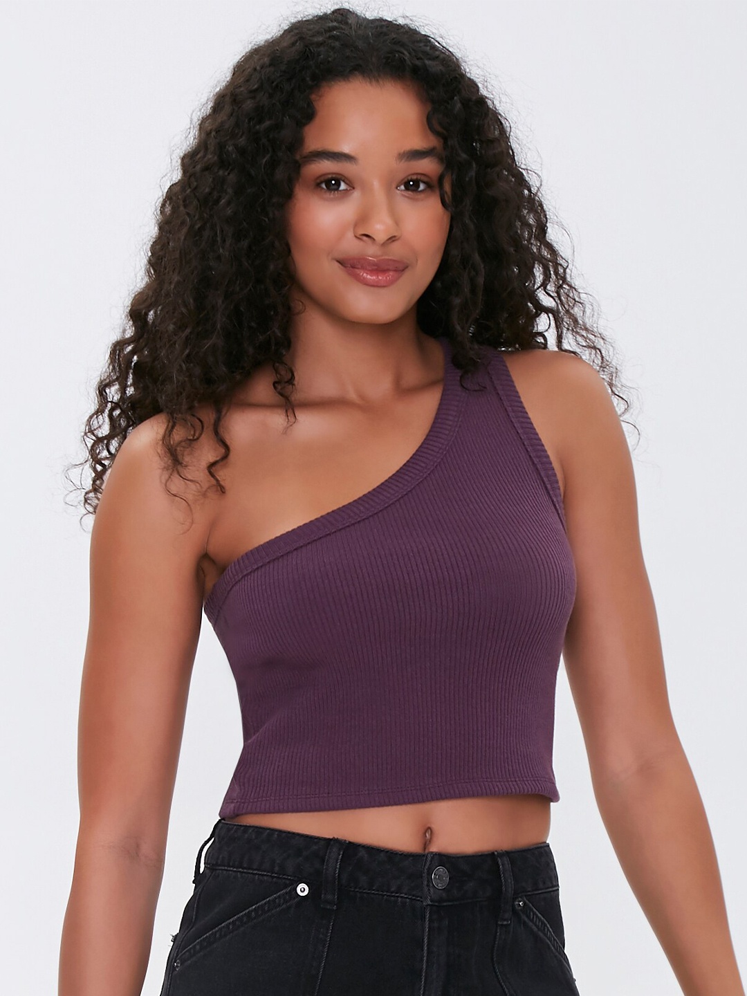

FOREVER 21 Women Purple One Shoulder Fitted Crop Top