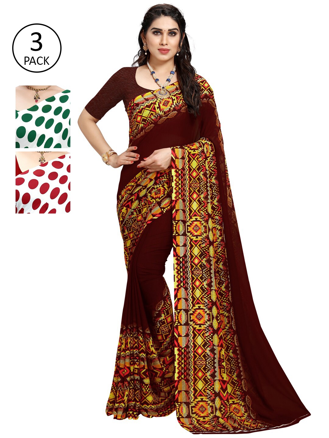 

KALINI Pack Of 3 Poly Georgette Printed Sarees, White