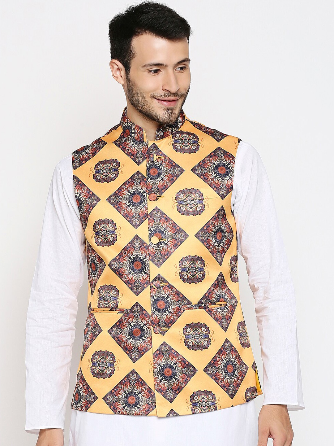 

Blacksmith Men Yellow & Orange Paisley Printed Satin Nehru Jacket