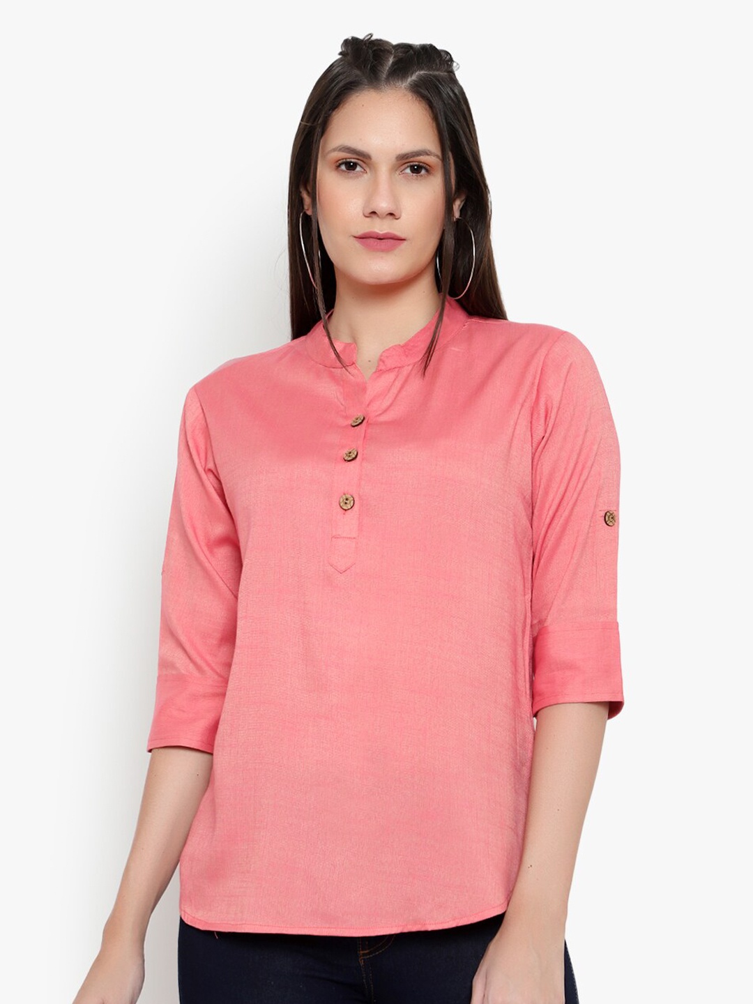 

Indietoga Women Pink Mandarin Collar Plus Size Tunic