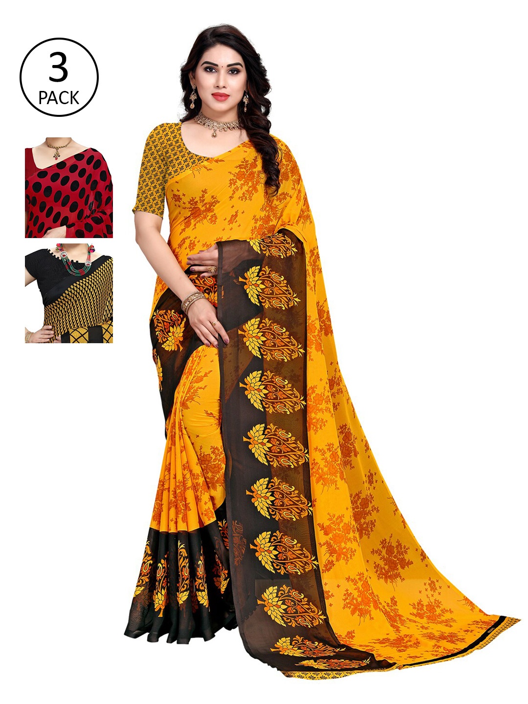 

KALINI Pack Of 3 Poly Georgette Printed Sarees, Yellow