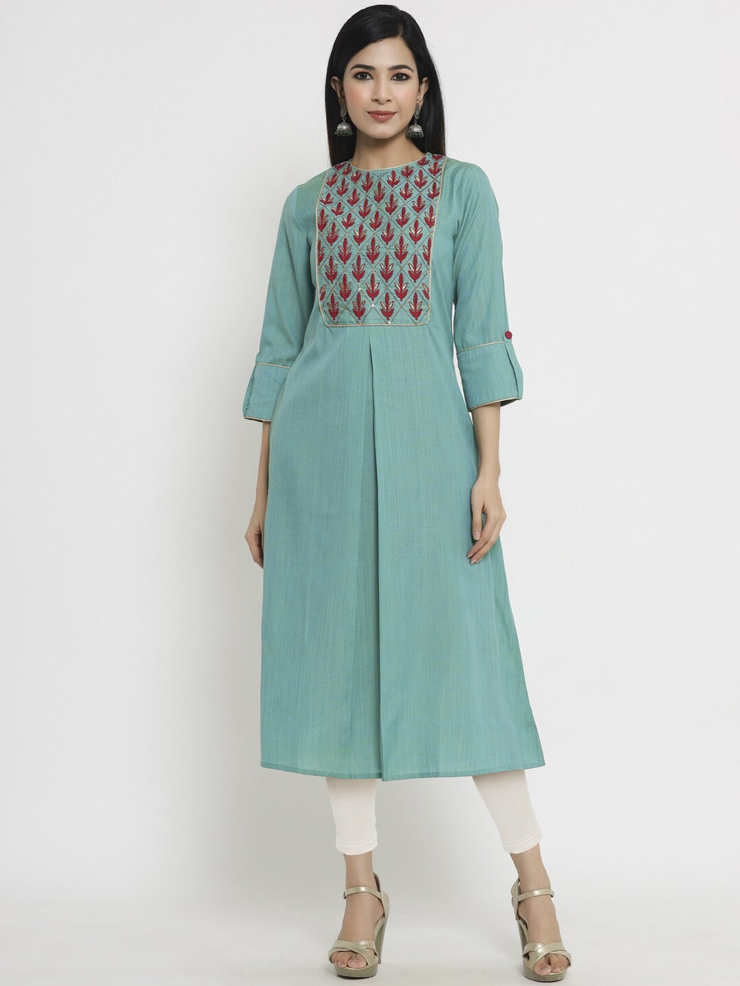 

Sangria Women Green Thread Work Yoke Design A-line Kurta