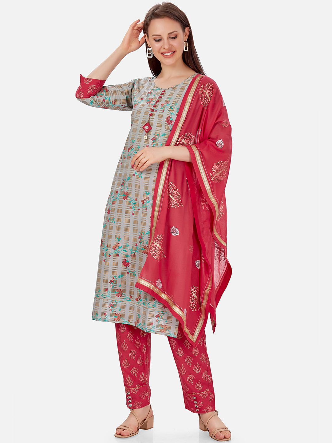 

Kiana Women Grey Printed Pure Cotton Kurta with Trousers & With Dupatta