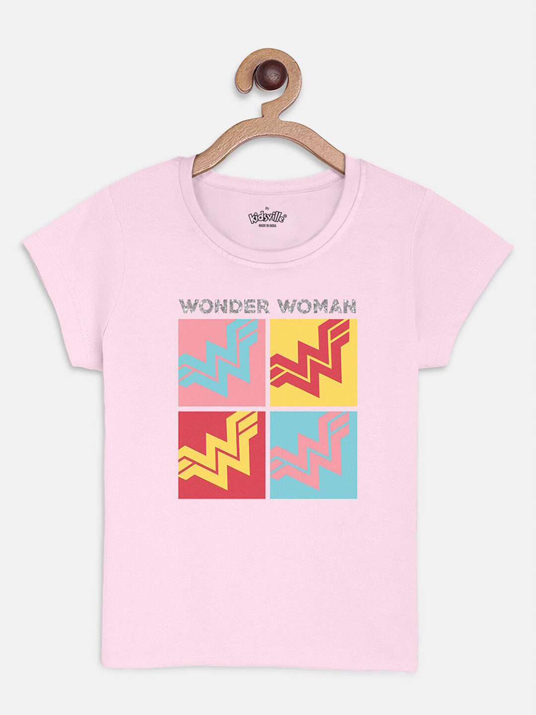 

Kids Ville Girls Pink Wonder Woman Printed Cotton Pure Cotton T-shirt