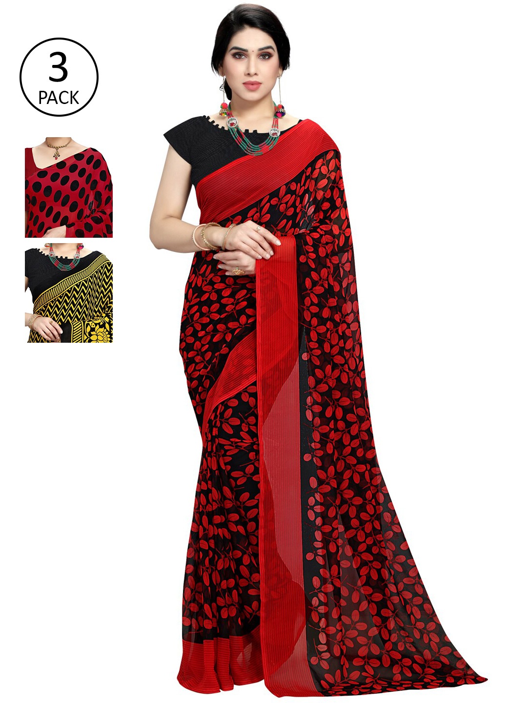 

KALINI Red & Yellow Pack of 3 Printed Sarees