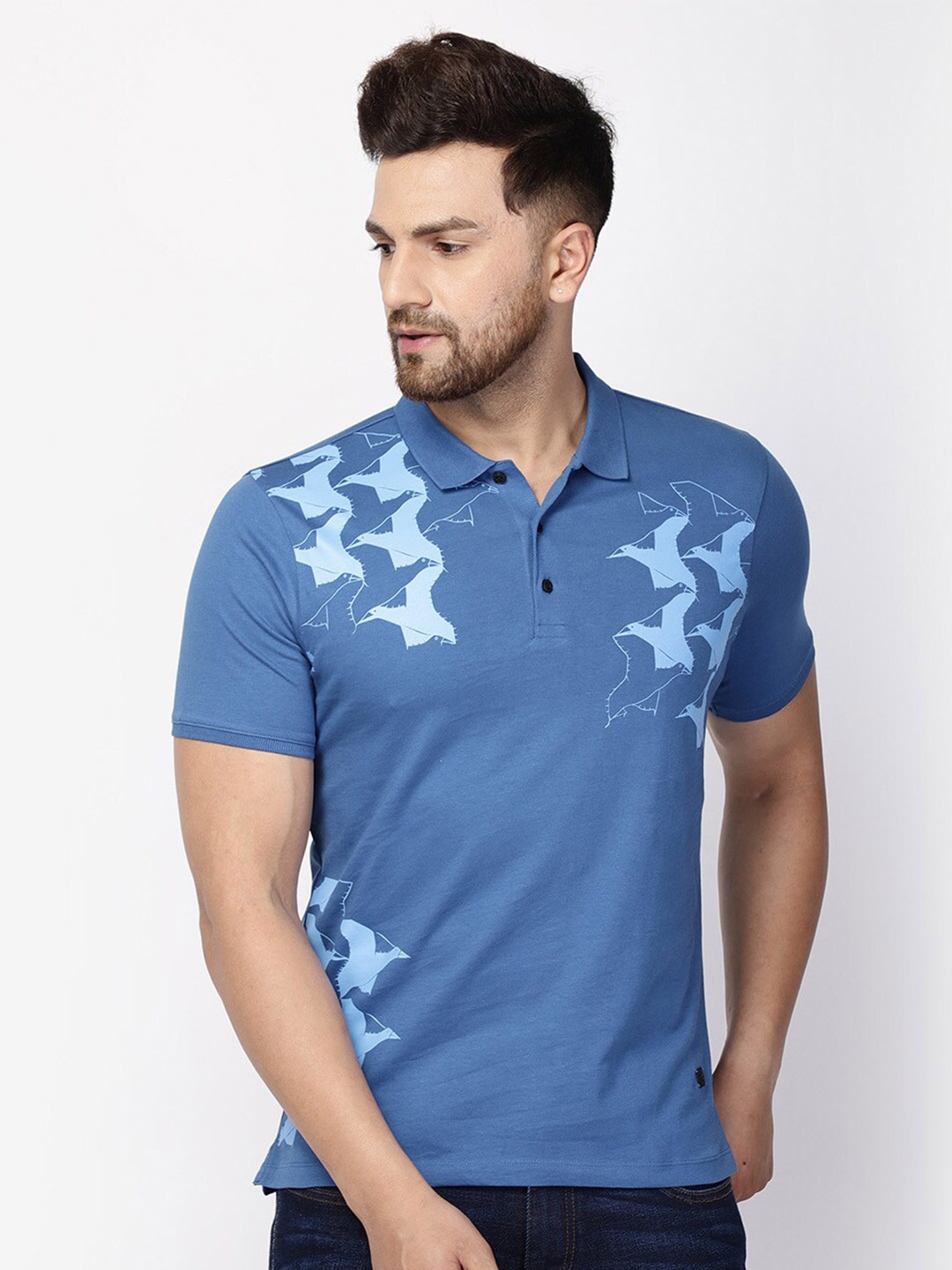 

Blackberrys Men Blue Printed Polo Collar Slim Fit T-shirt