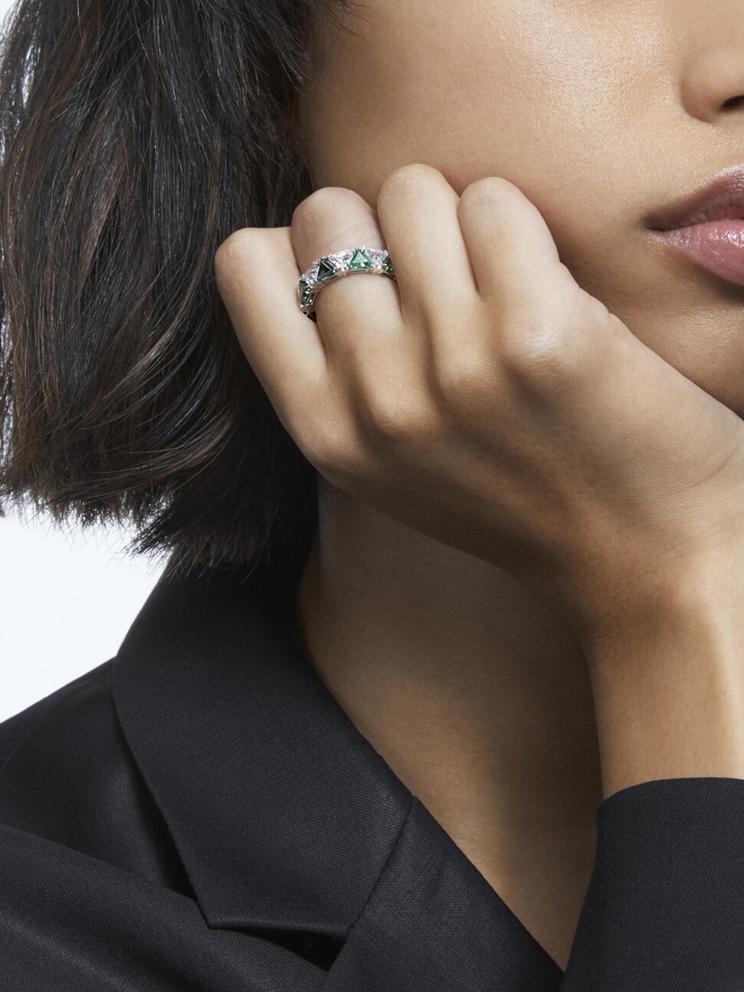 

SWAROVSKI Green Rhodium-Plated Millenia Cocktail Ring Triangle Cut Crystals