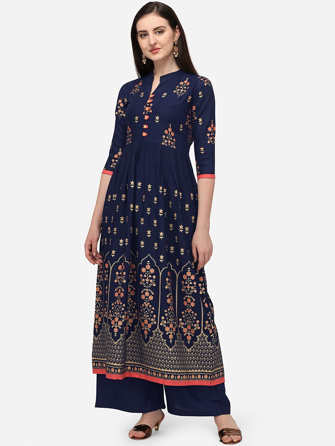 

Florence Women Navy Blue Ethnic Motifs Printed Empire Kurta with Palazzos