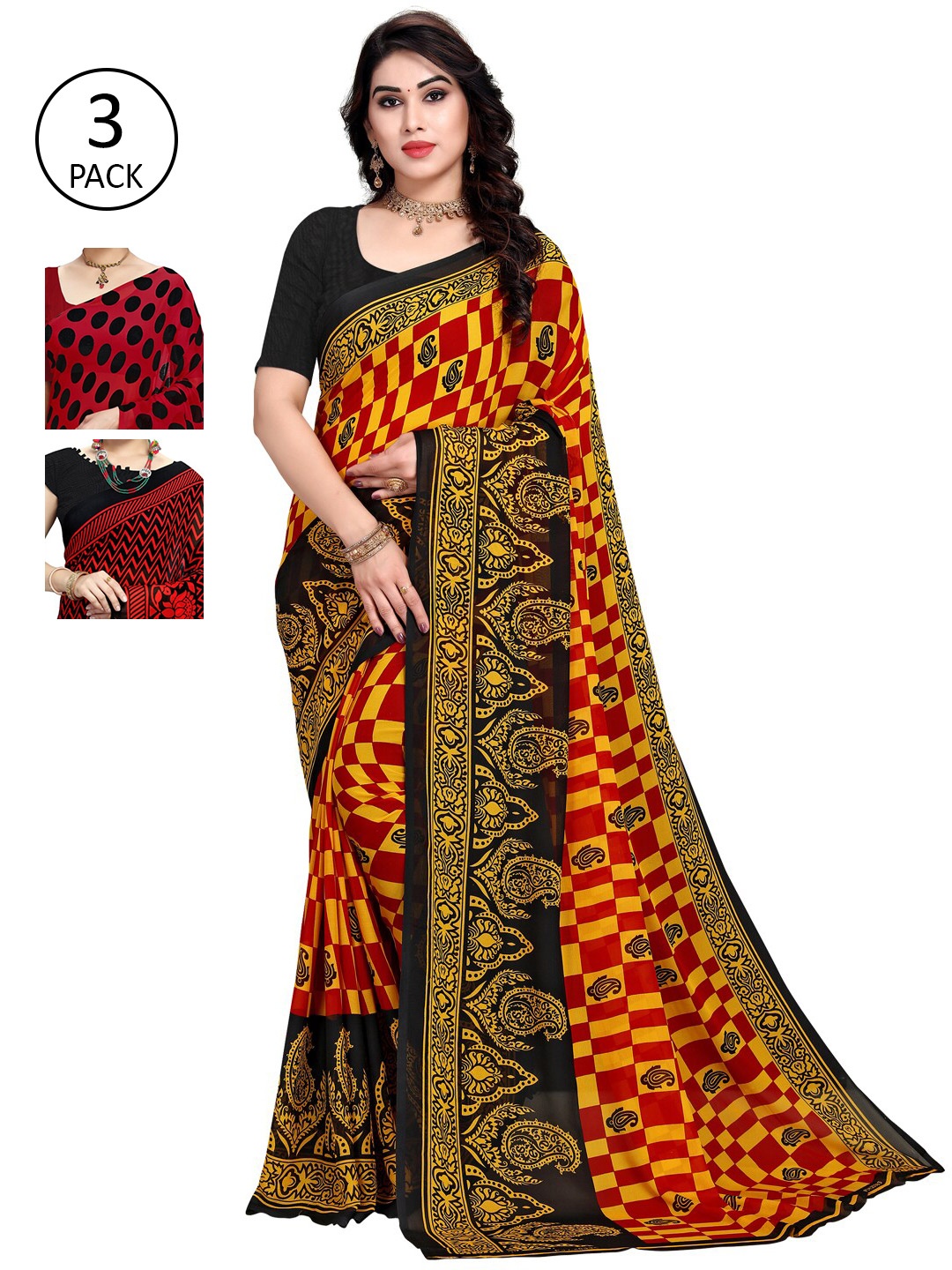 

KALINI Red & Yellow Pack of 3 Printed Sarees