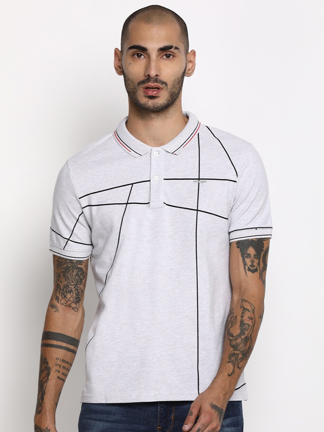 

Wrangler Men Grey Melange & Black Printed Polo Collar T-shirt