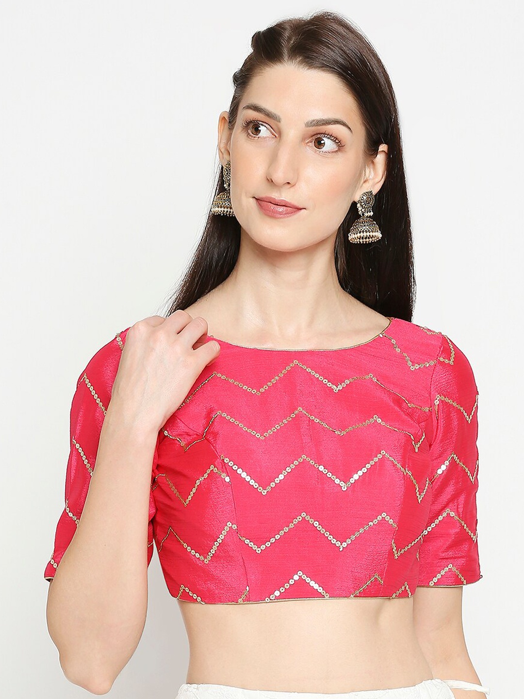 

SALWAR STUDIO Pink Sequin Embroidered Readymade Saree Blouse