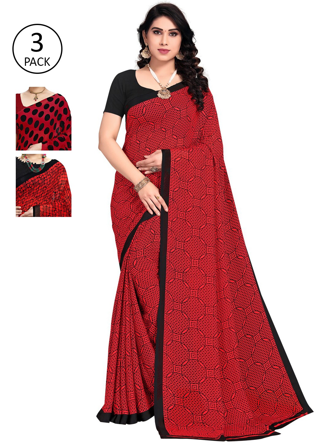 

KALINI Pack Of 3 Red & Black Saree