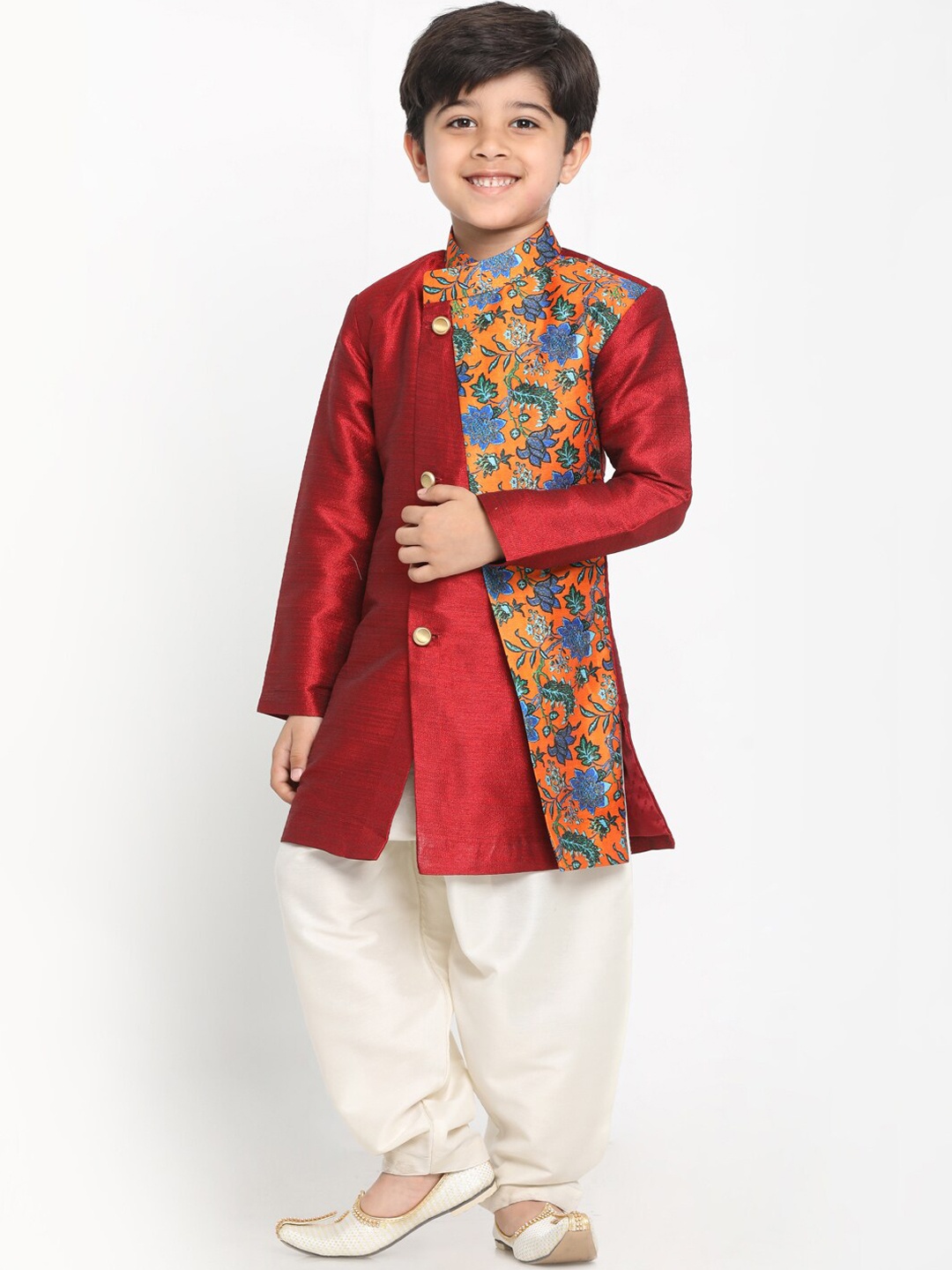 

VASTRAMAY Boys Red & White Printed Sherwani Set