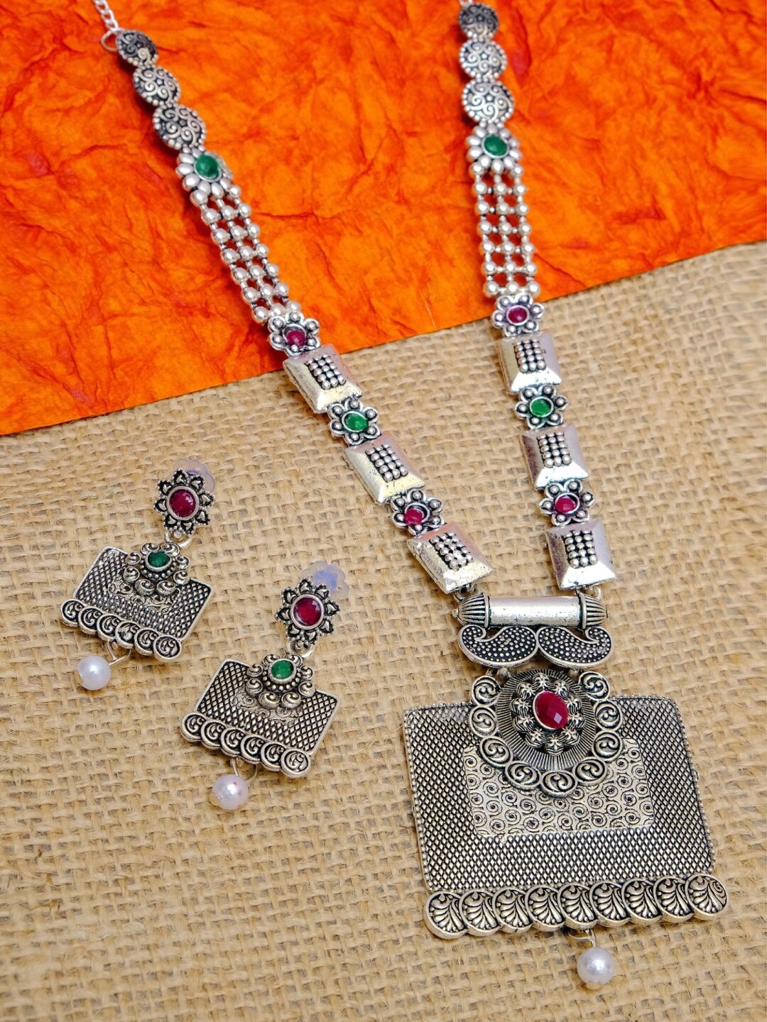 

Crunchy Fashion Silver-Plated & Pink Stone-Studded Beaded Antique Jewellery Set