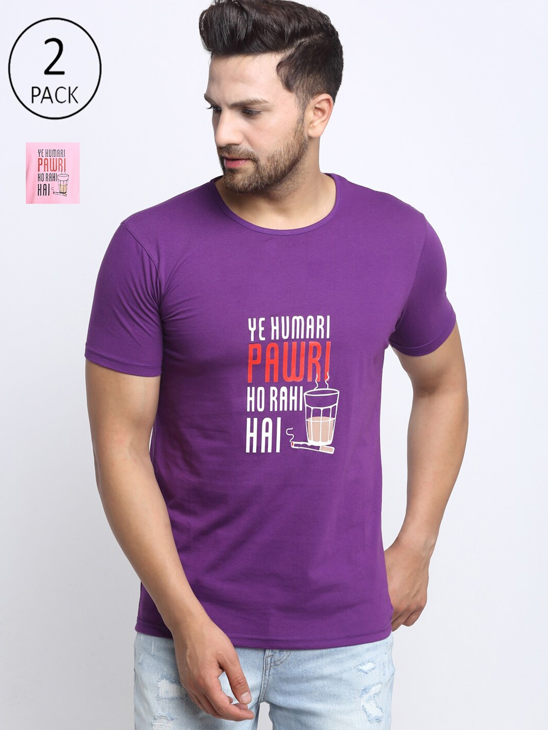 

VIMAL JONNEY Men Pack Of 2 Purple & Pink Graphic Printed T-shirts