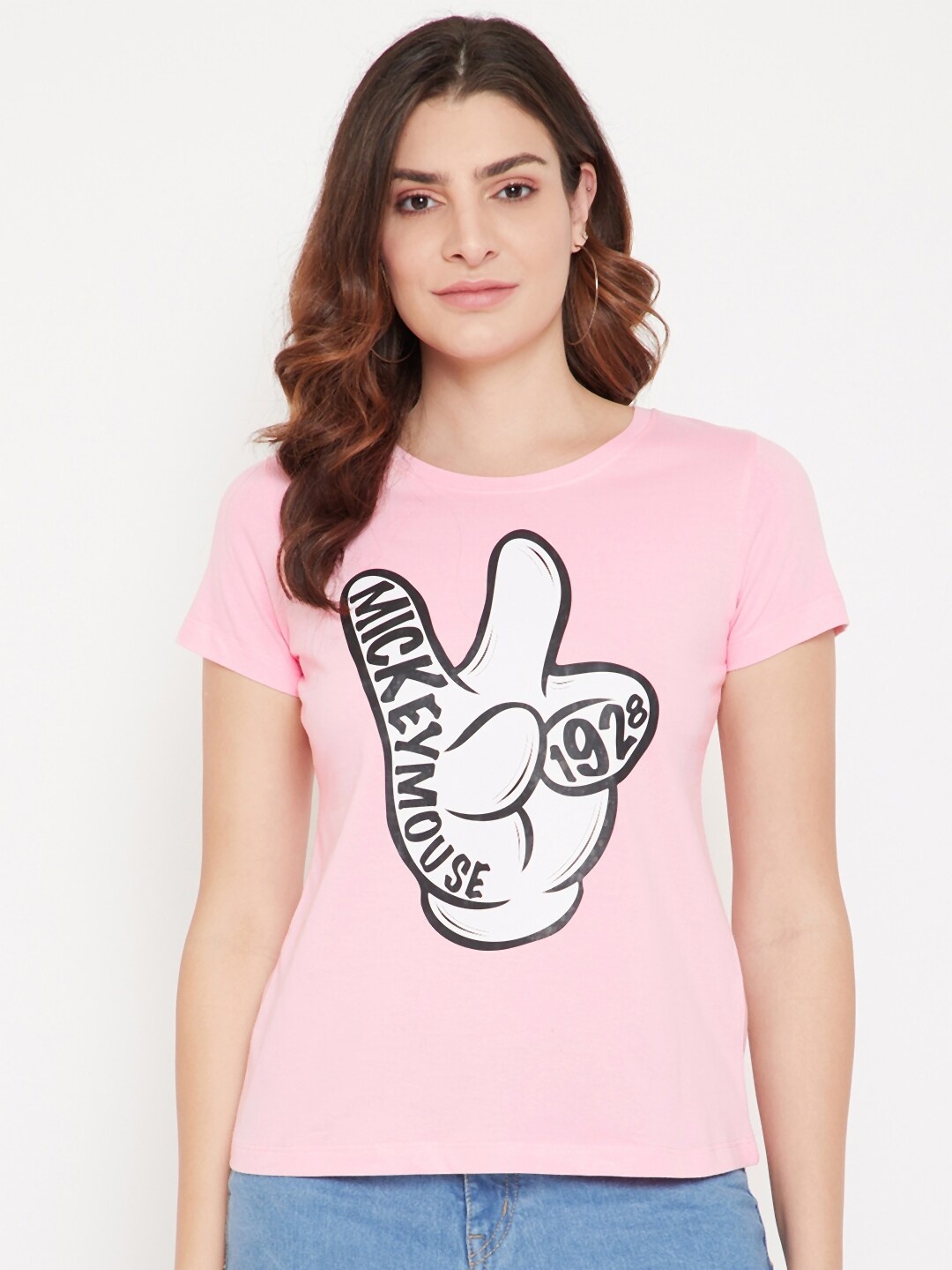 

Disney by Wear Your Mind Women Pink & White Mickey Mouse Family Printed T-shirt