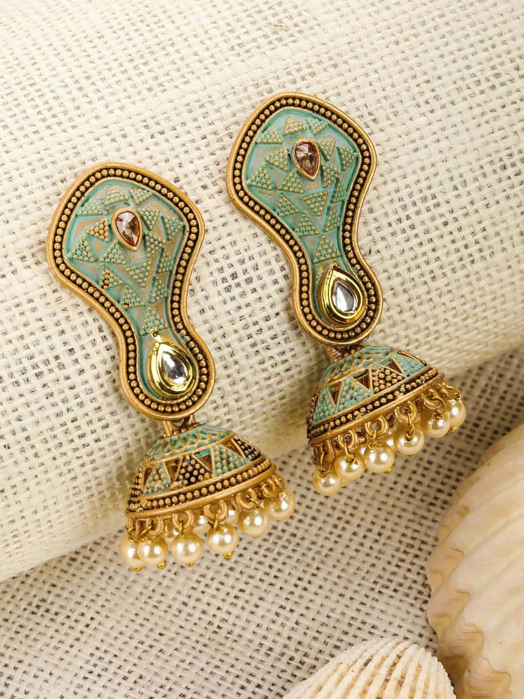 

Priyaasi Sea Green & Gold Plated Dome Shaped Beaded Handcrafted Jhumkas Earrings