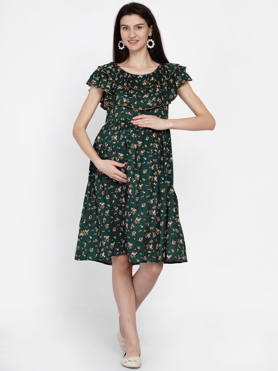 

Mine4Nine Women Green Floral Mertinity Midi Maternity Dress