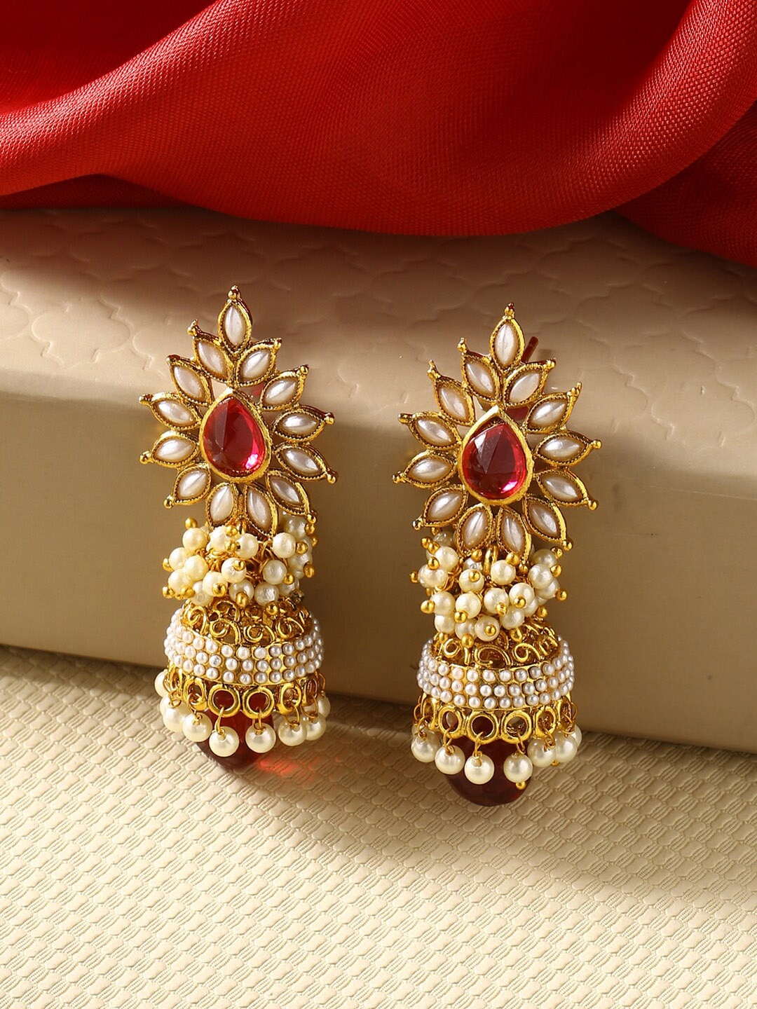 

Fabstreet Gold-Plated & White Dome Shaped Jhumkas Earrings