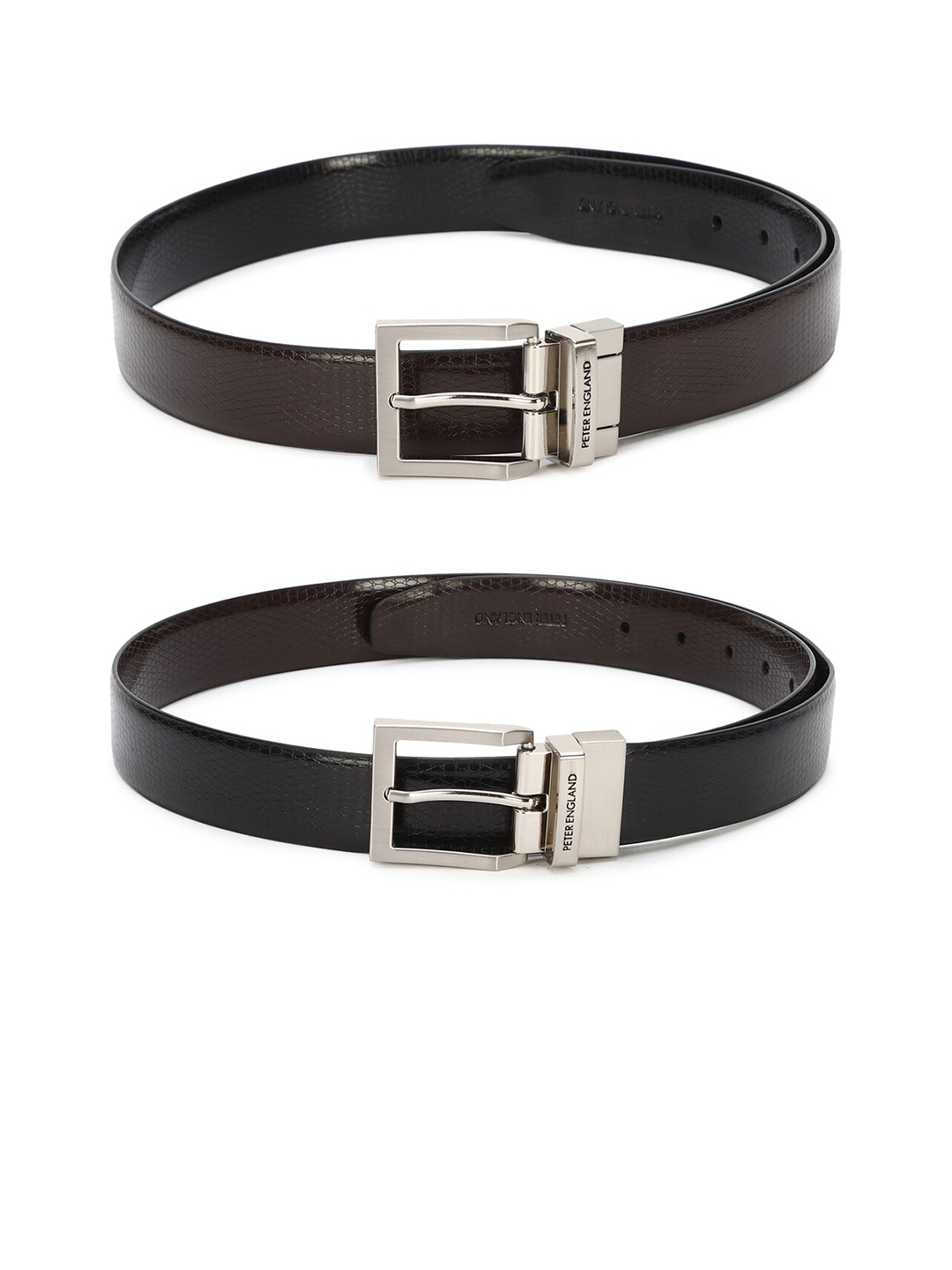 

Peter England Men Black Textured PU Reversible Formal Belt