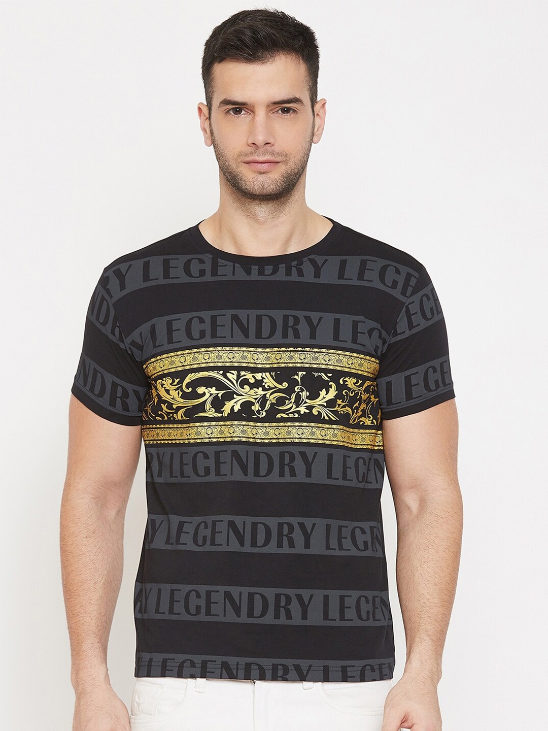 

QUBIC Men Black & Yellow Typography Printed T-shirt