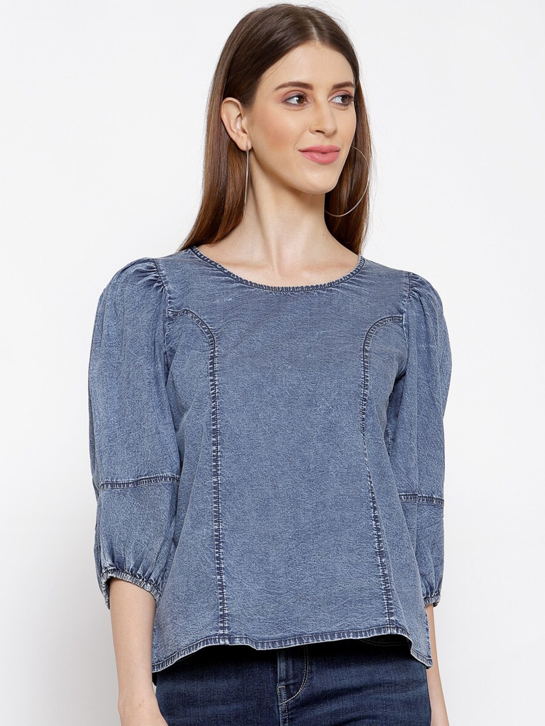 

SCOUP Women Blue Denim Puff Sleeve Denim Regular Top