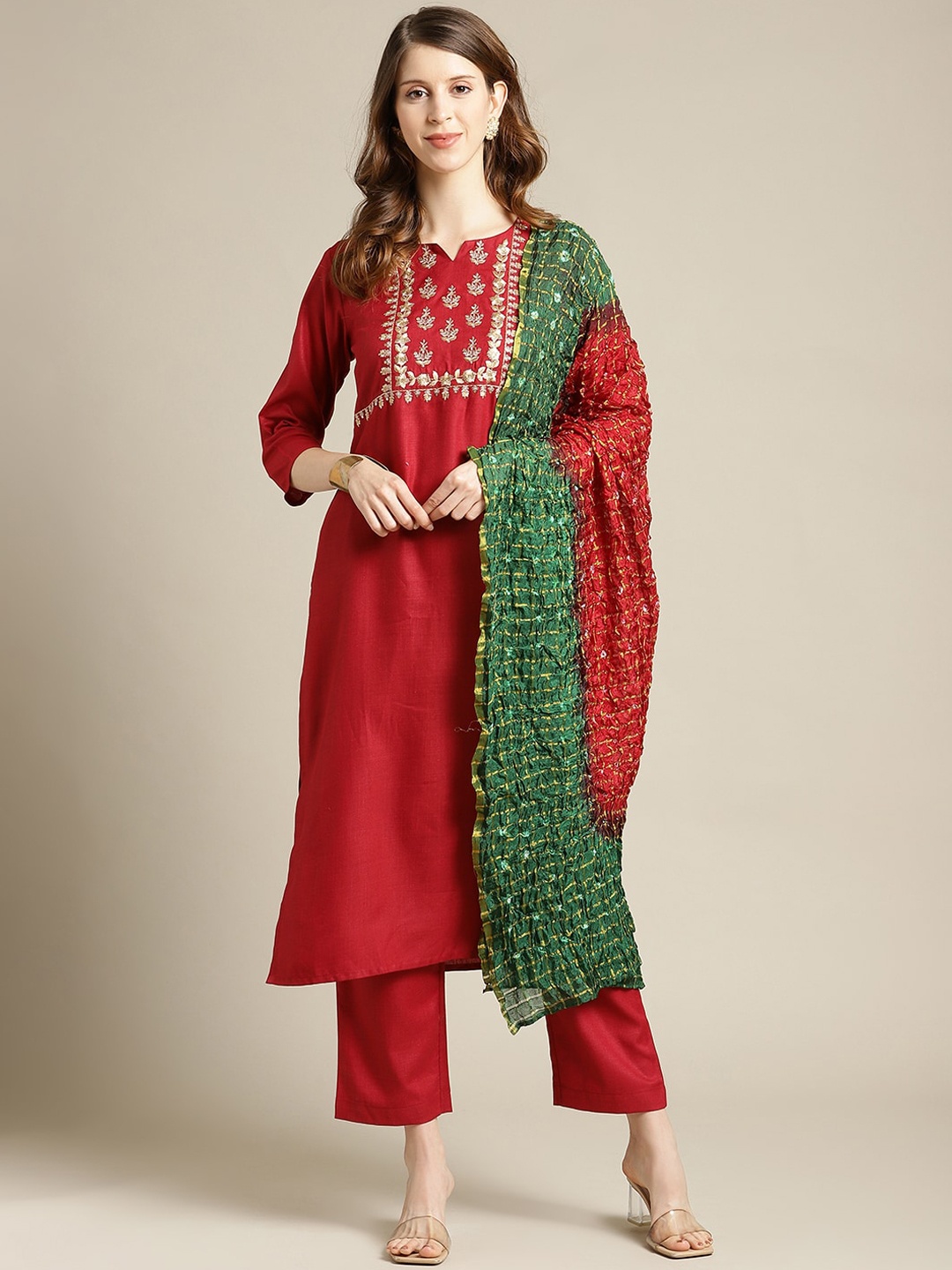 

KSUT Women Maroon Ethnic Motifs Embroidered Thread Work Kurta with Trousers & Dupatta