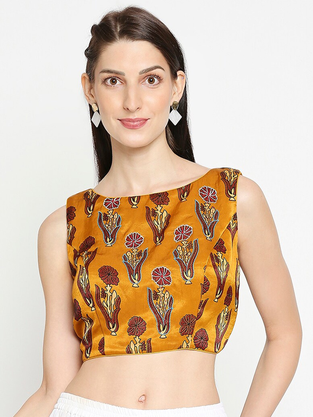 

SALWAR STUDIO Women Mustard-Yellow & Brown Printed Saree Blouse