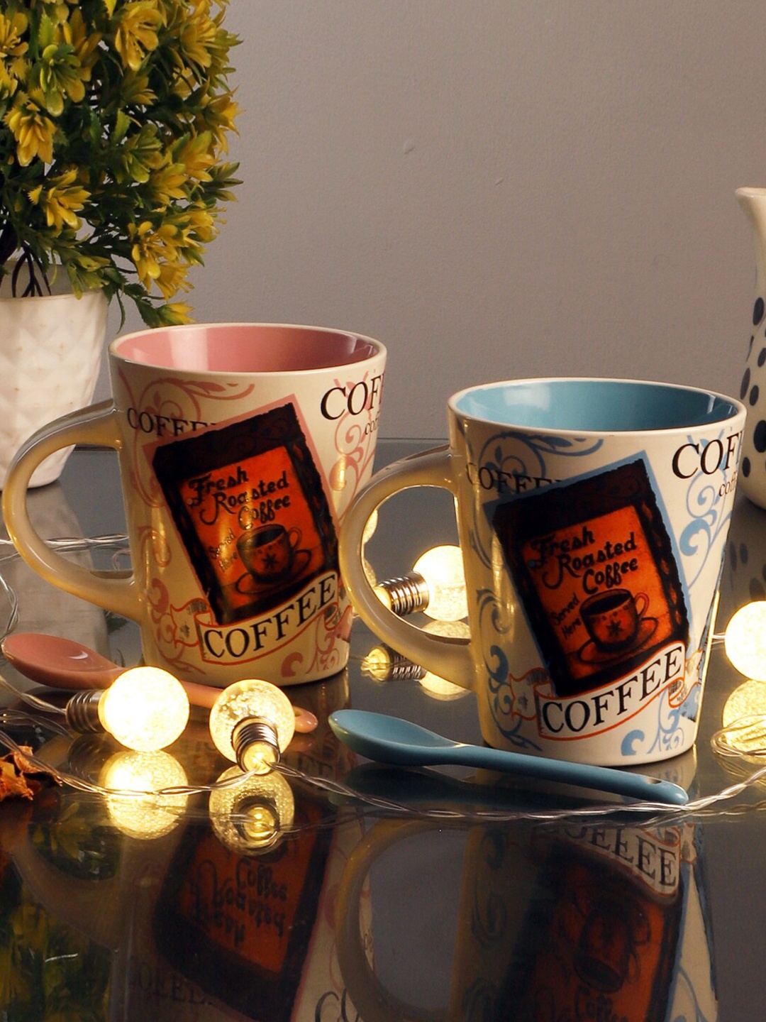 

ceradeco Blue & Green Printed 4-Pieces Ceramic Matte Mugs Set