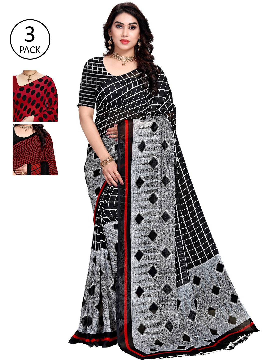 

KALINI Pack Of 3 Red & Black Saree