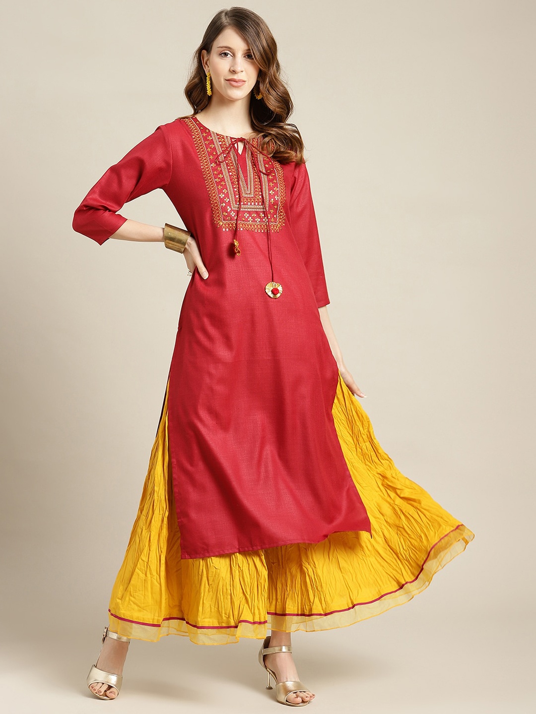 

KSUT Women Maroon Ethnic Motifs Embroidered Layered Pure Cotton Kurti with Sharara & With Dupatta