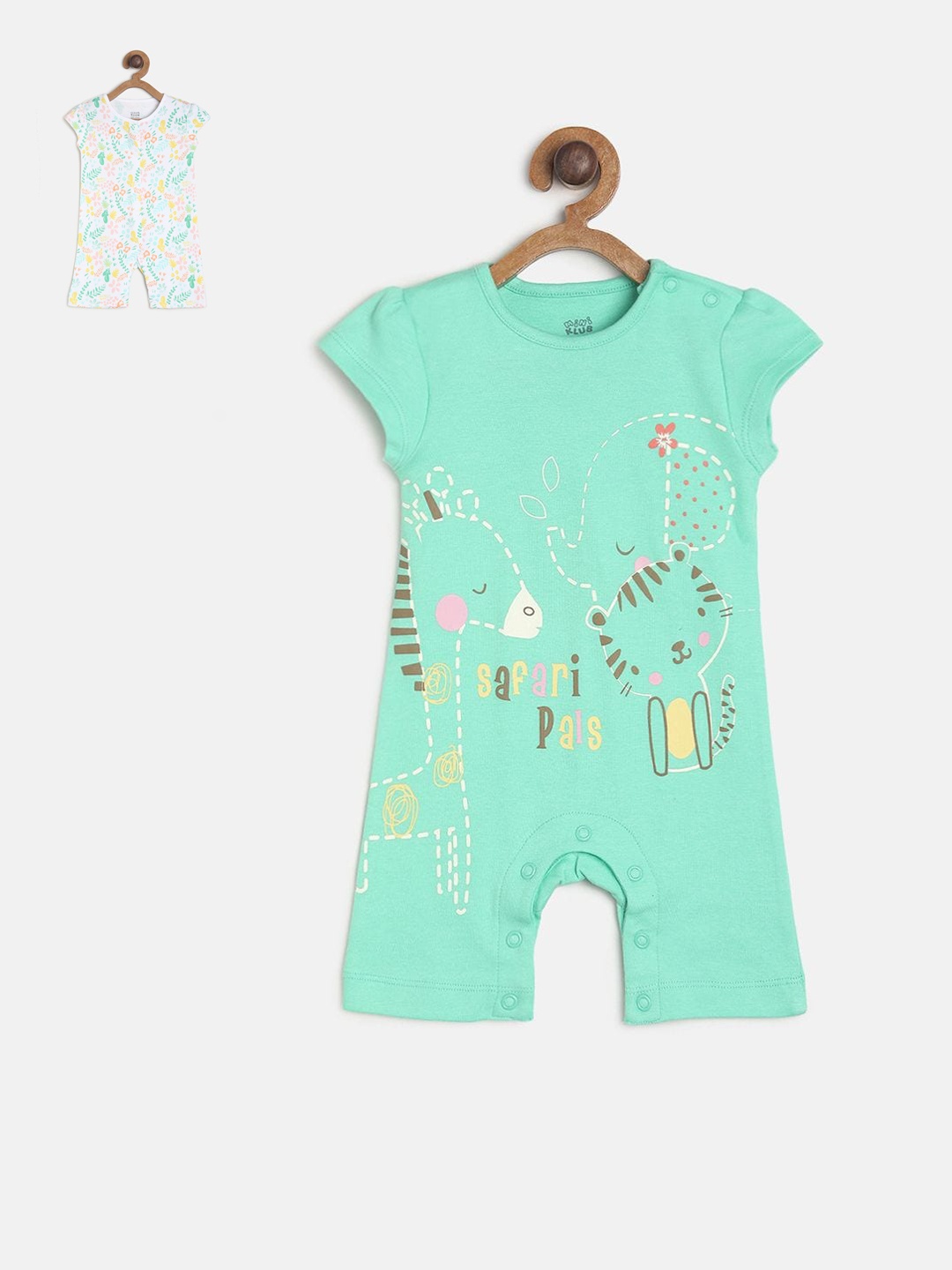 

MINI KLUB Infant Girls Pack Of 2 Sea Green & White Printed Pure Cotton Rompers