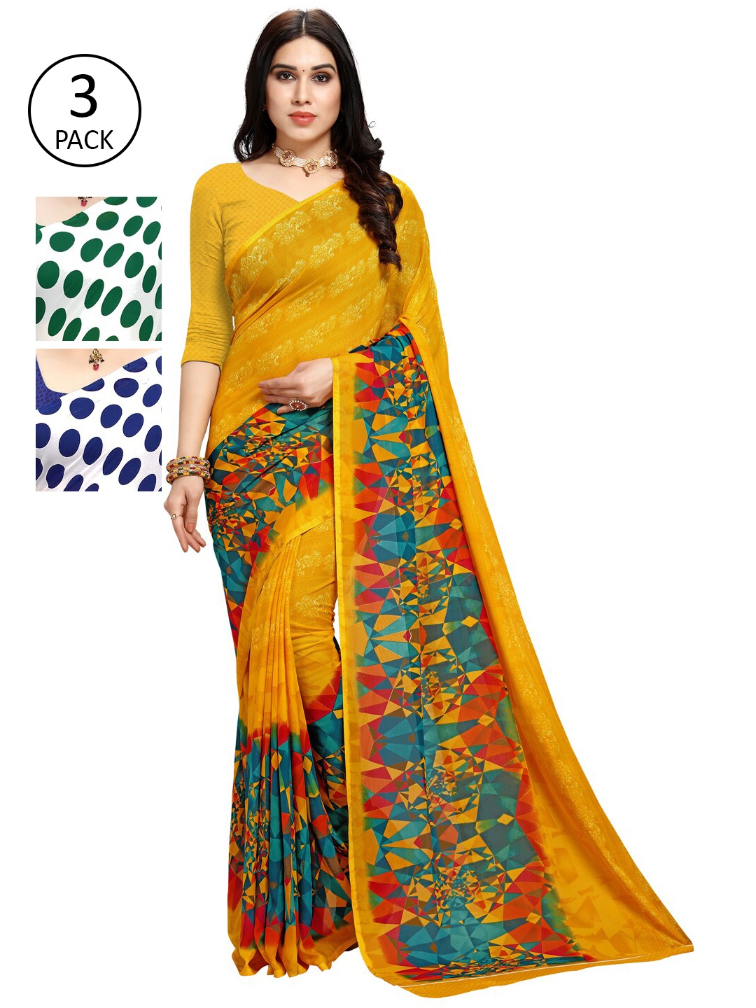 

KALINI Pack Of 3 Poly Georgette Sarees, Yellow