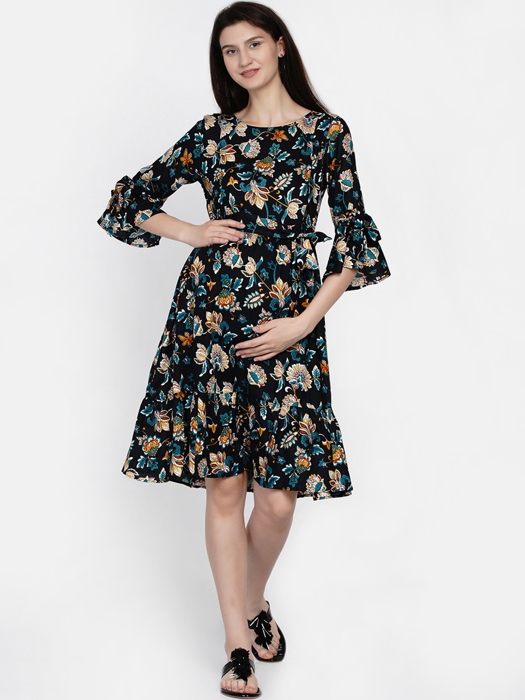 

Mine4Nine Navy Blue & Beige Ethnic Motifs Maternity Dress