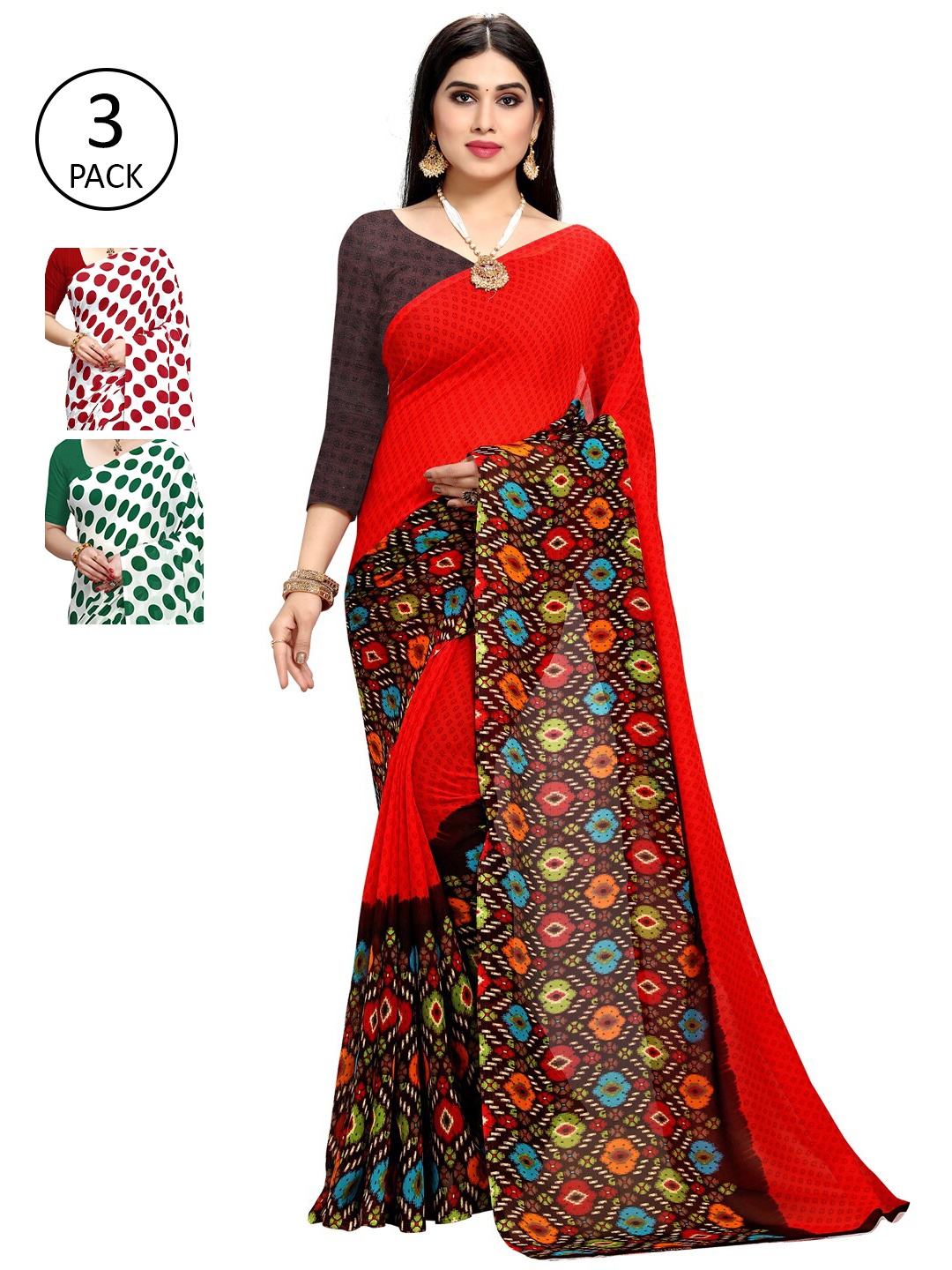 

KALINI Pack Of 3 Poly Georgette Printed Sarees, White