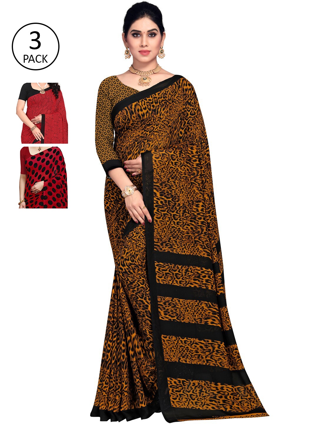 

KALINI Pack Of 3 Red & Black Saree