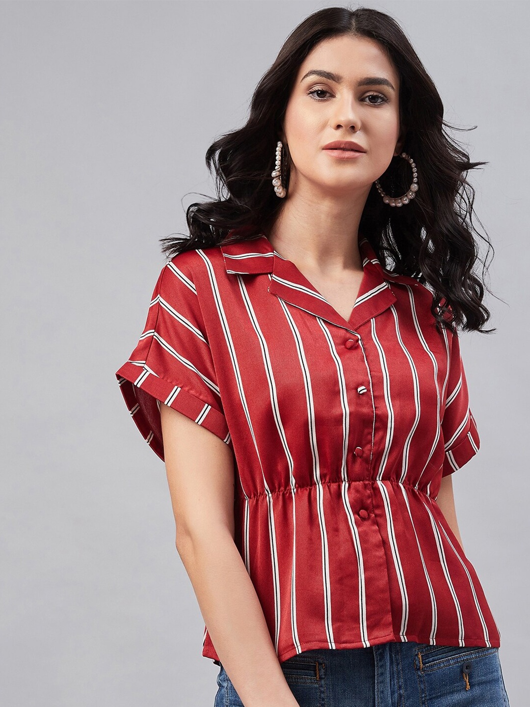 

Carlton London Red & White Striped Extended Sleeves Crepe Cinched Waist Top