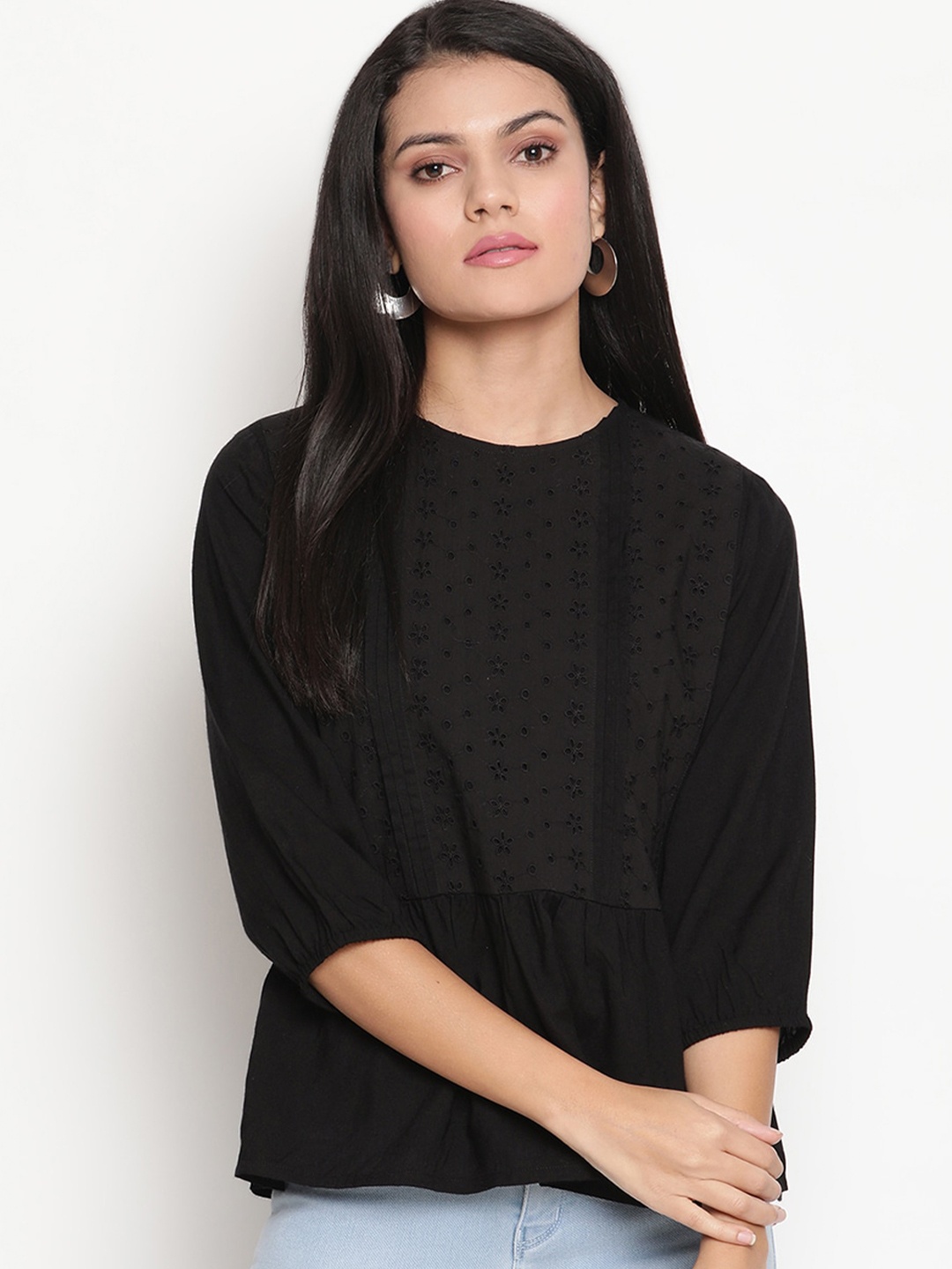 

HOUSE OF KKARMA Black Puff Sleeve Schiffli A-Line Top