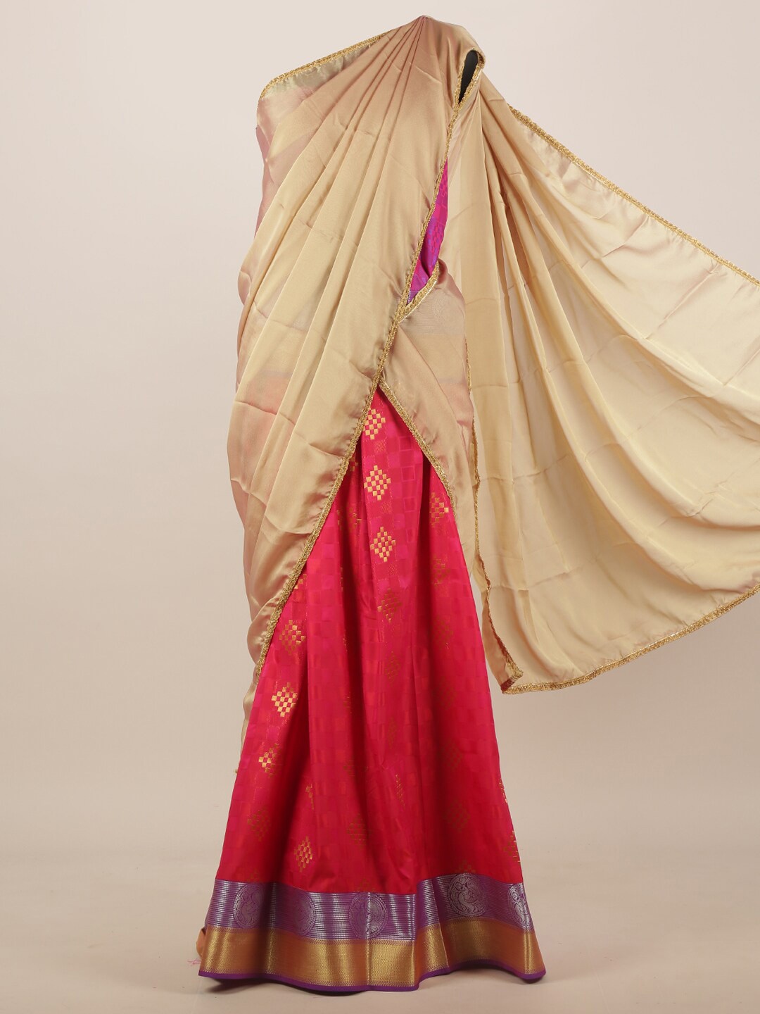 

Pothys Pink & Cream-Coloured Woven Design Half Saree
