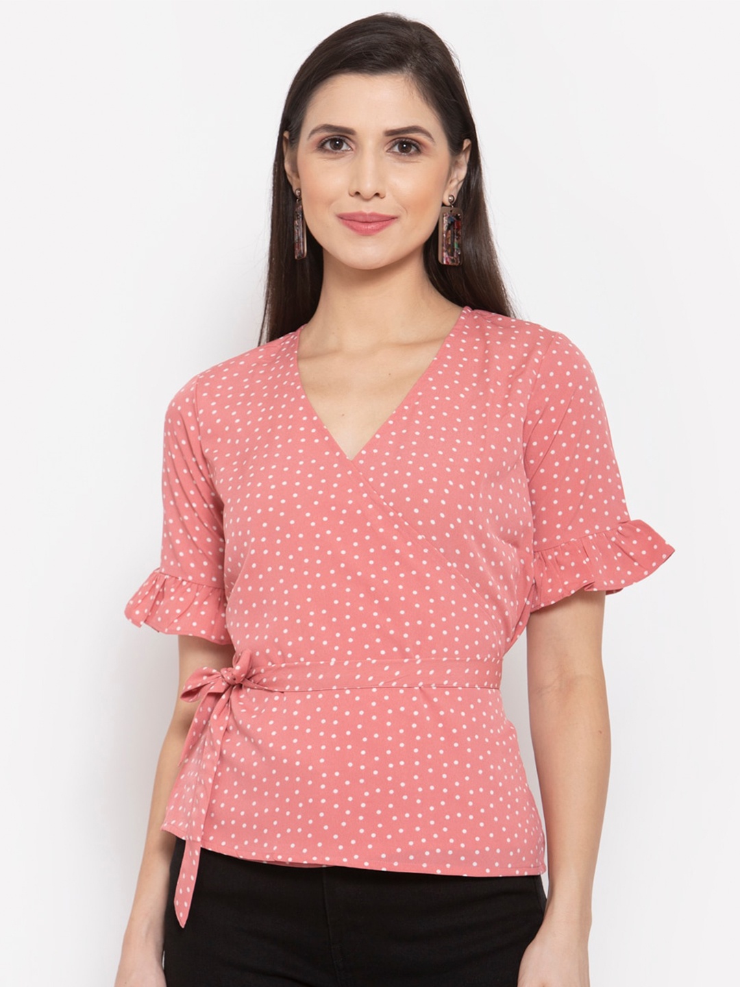

Style Quotient Pink Polka dots Printed Bell Sleeve Crepe Wrap Top
