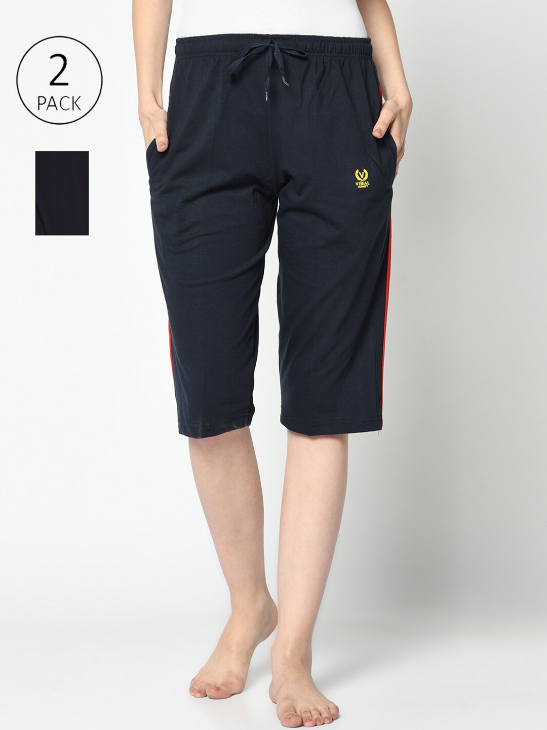 

MACK JONNEY Women Navy Blue & Red 2 Colourblocked Lounge Shorts