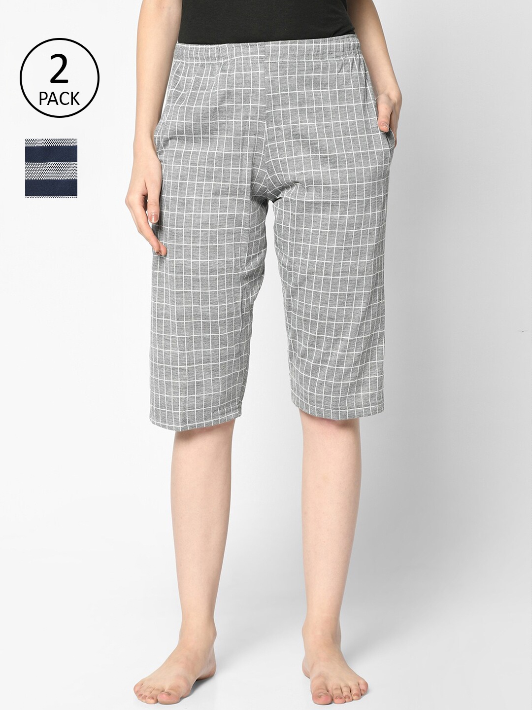 VIMAL JONNEY Women Grey & Navy Blue 2 Printed Lounge Shorts