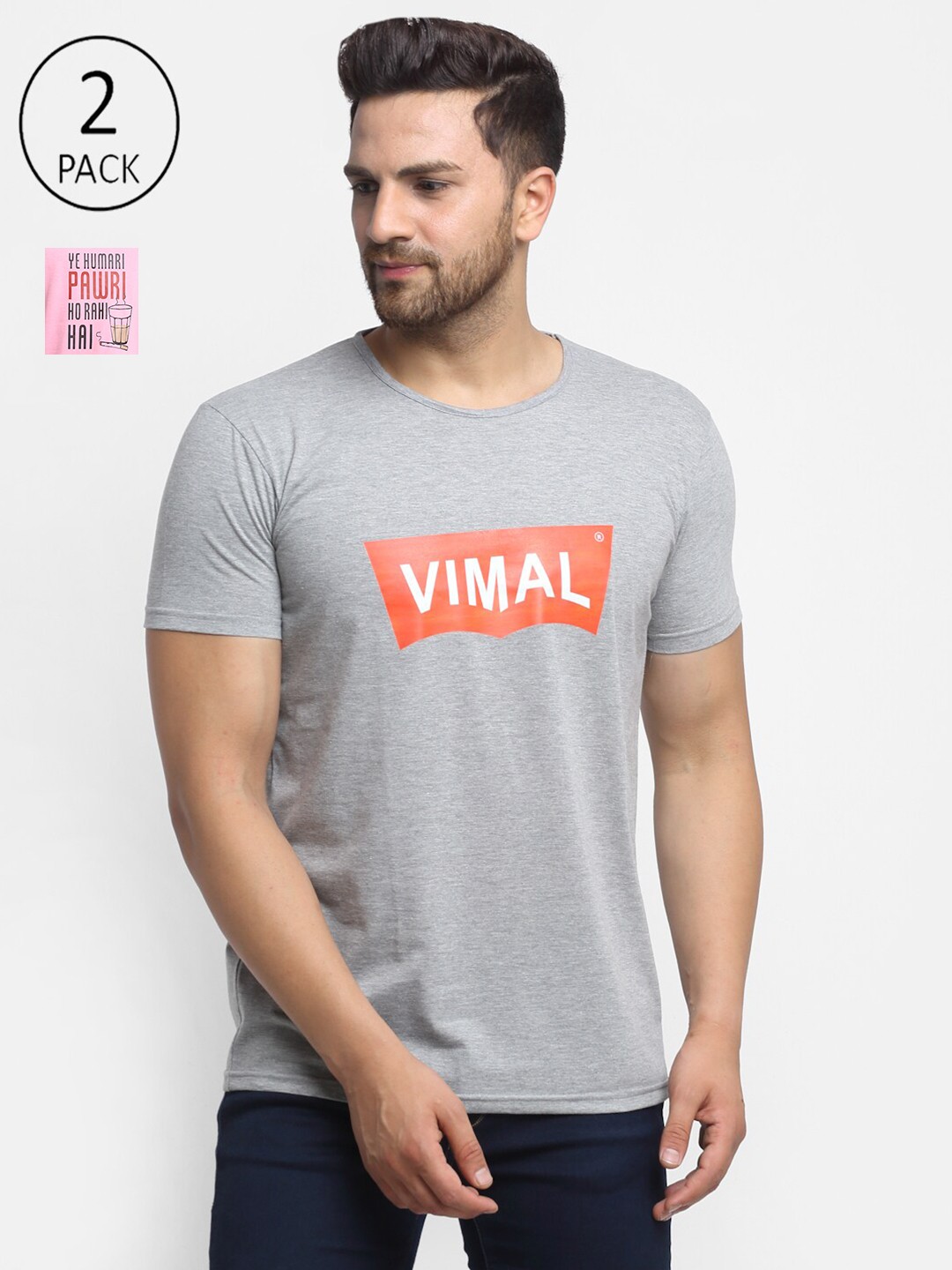 

VIMAL JONNEY Men Pack Of 2 Typography Printed T-shirt, Grey