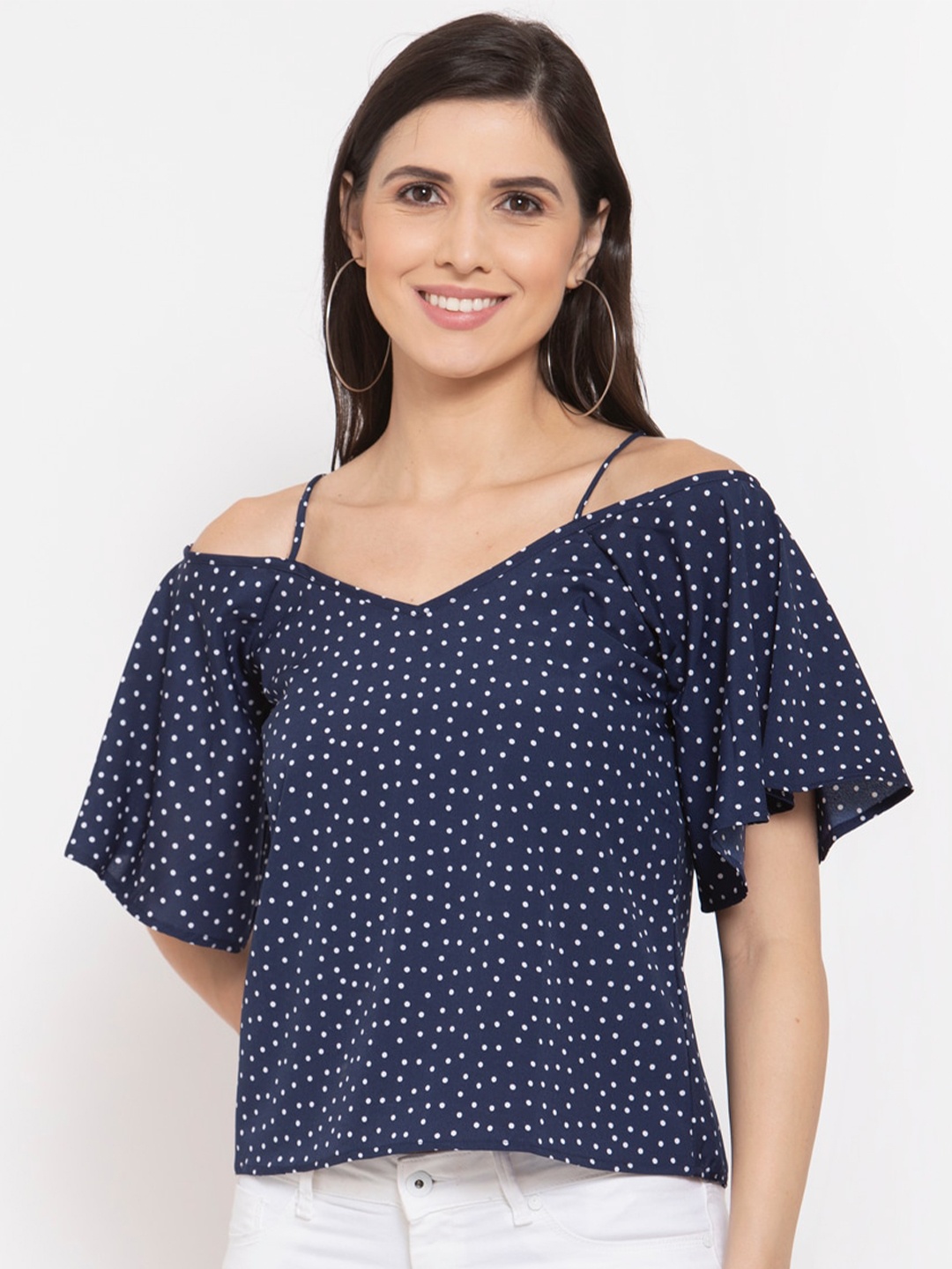 

Style Quotient Women Navy Blue & White Polka dot Printed Crepe Bardot Top