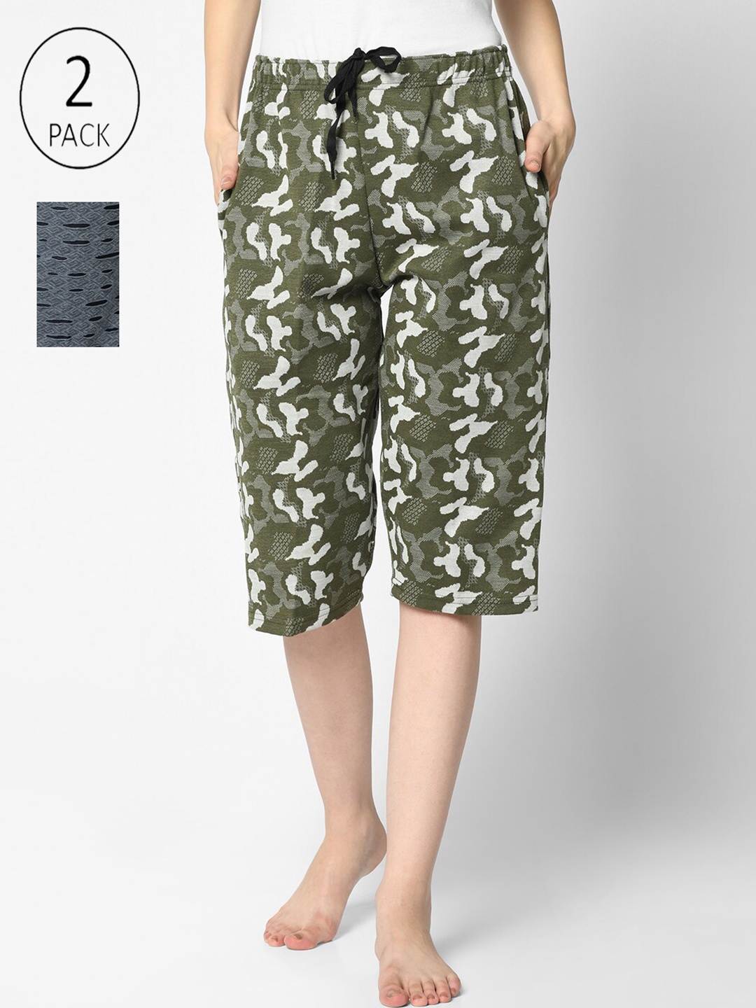 

VIMAL JONNEY Women Pack of 2 Printed Cotton Lounge Shorts, Olive