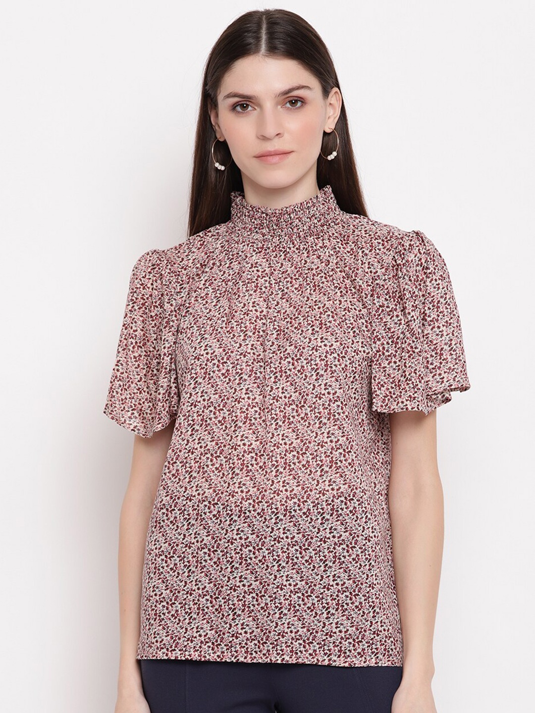 

sandy AND ritz Off White & Red Floral Flutter Sleeve Regular Top