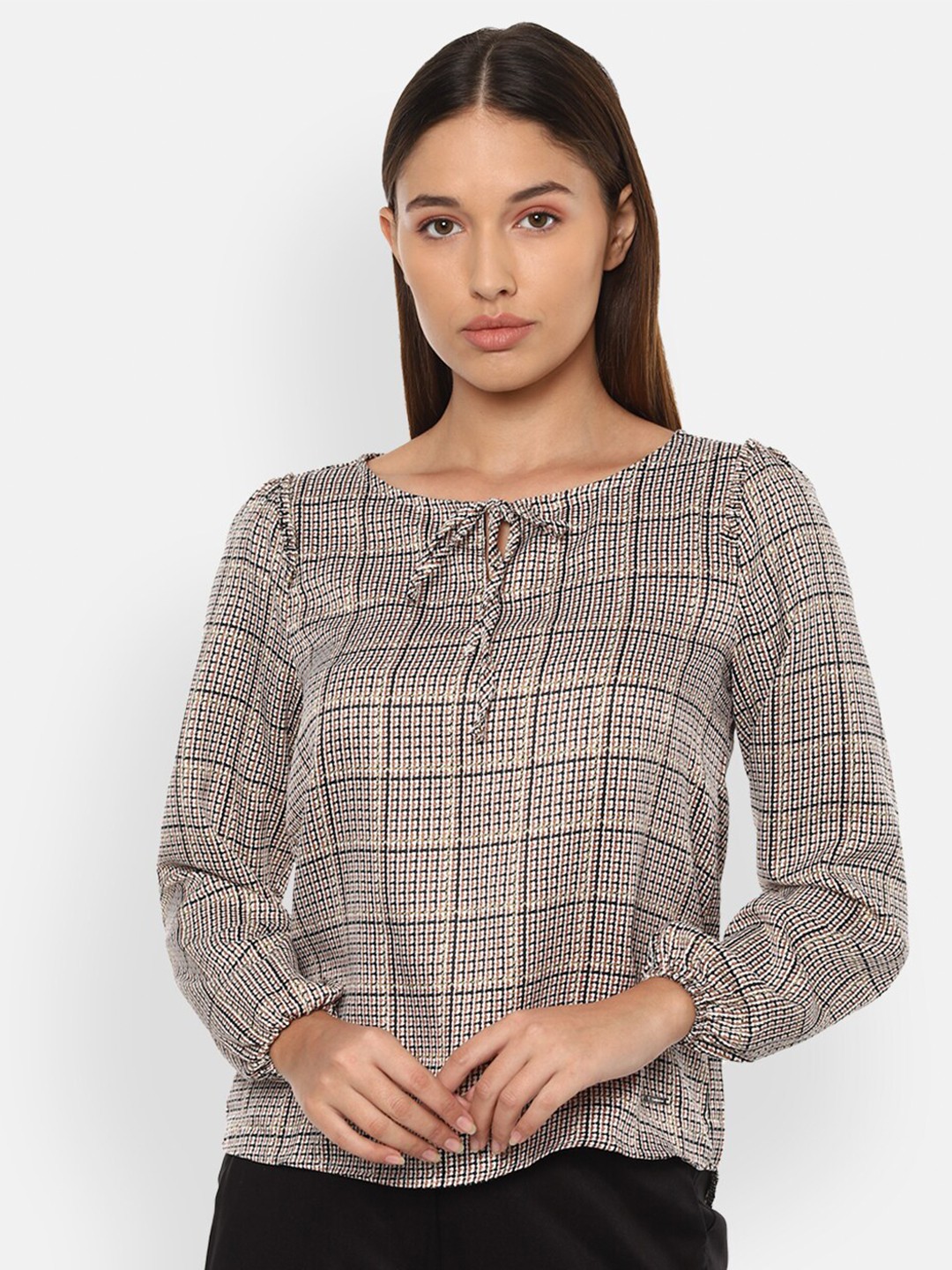 

Van Heusen Woman Brown & Black Tie-Up Neck Regular Top
