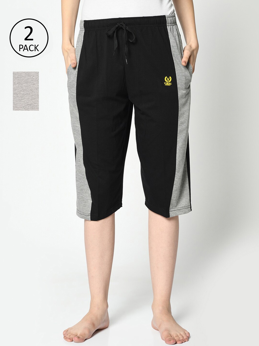 MACK JONNEY Women Black & Grey 2 Colourblocked Lounge Shorts